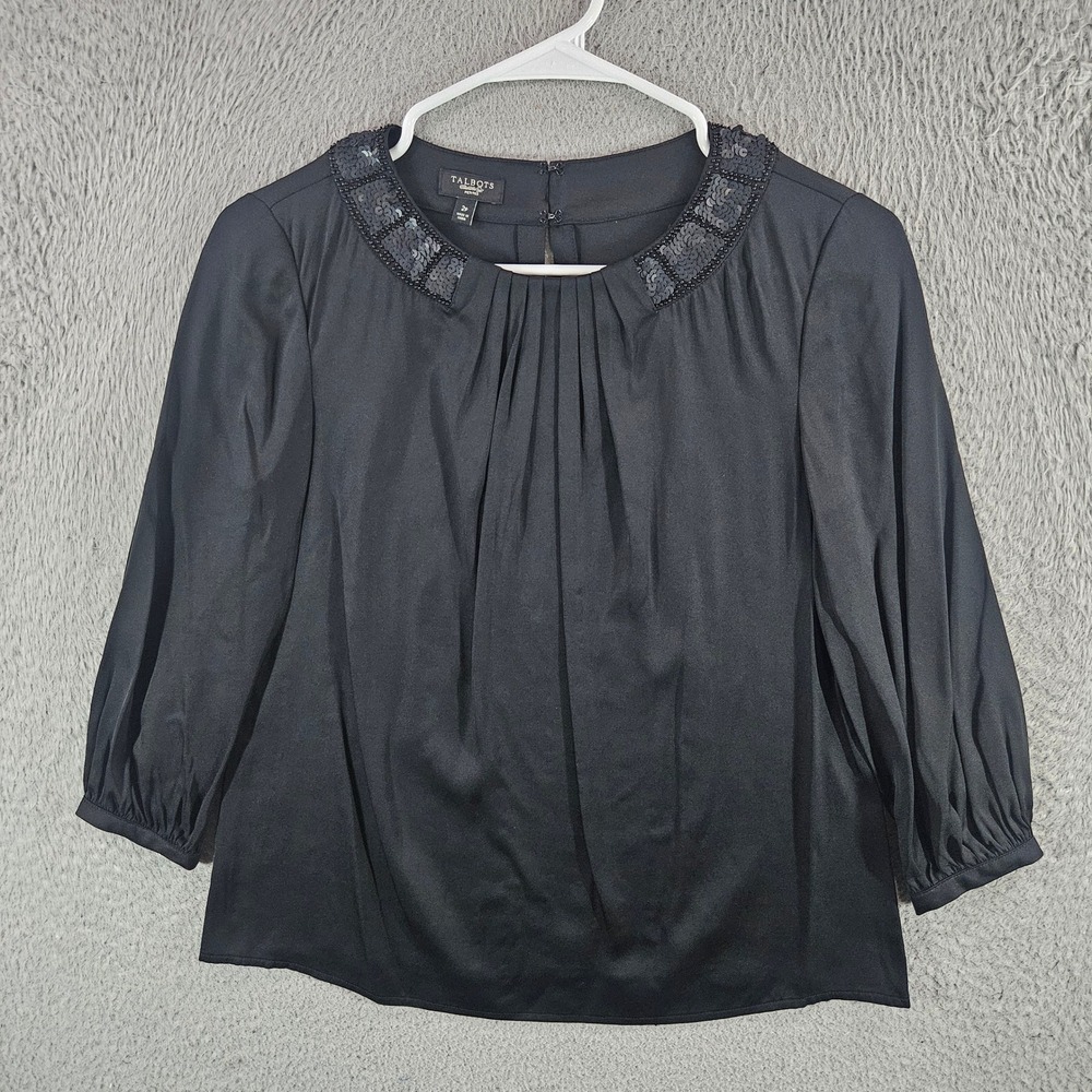Talbots Petites Black Silk Blend Sequin Beaded Neckline‎ Blouse Top 2P Womens